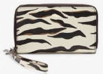 Small flap wallet with handle, zebra print, leather goods manufacturer